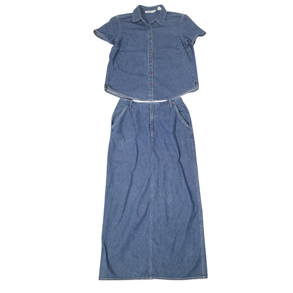 Maria Christina Size M Denim Skirt Set Womens Blue Short Sleeve Maxi 2 Piece